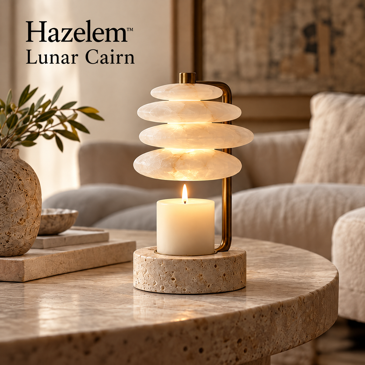 Hazelem™ Lunar Cairn – Layered Alabaster Candle Holder with Antique Bronze Stem and Travertine Stone Base