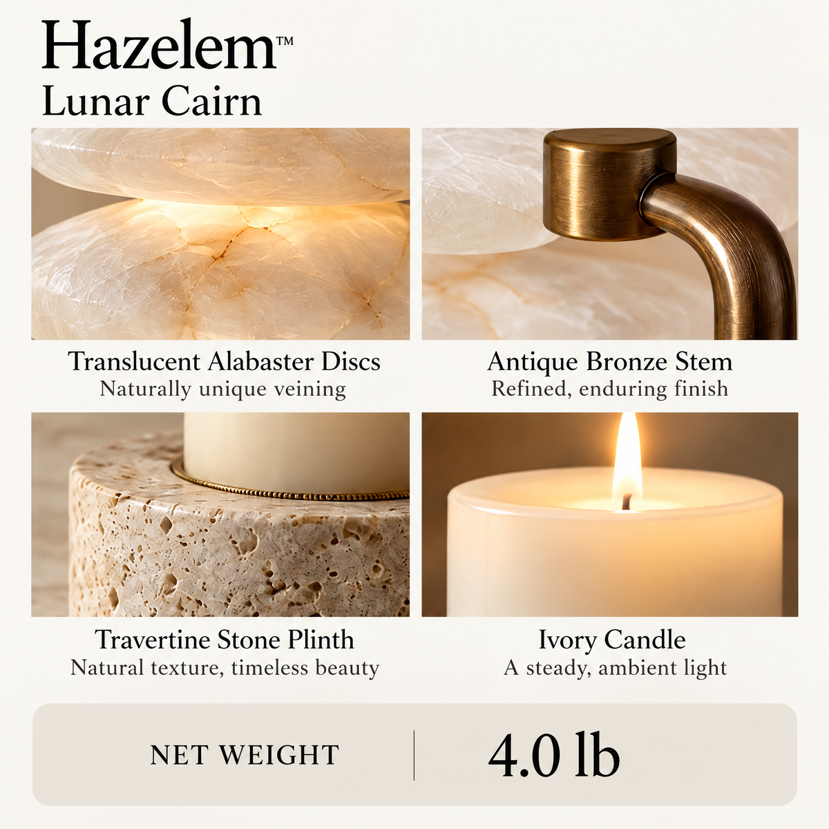Hazelem™ Lunar Cairn – Layered Alabaster Candle Holder with Antique Bronze Stem and Travertine Stone Base