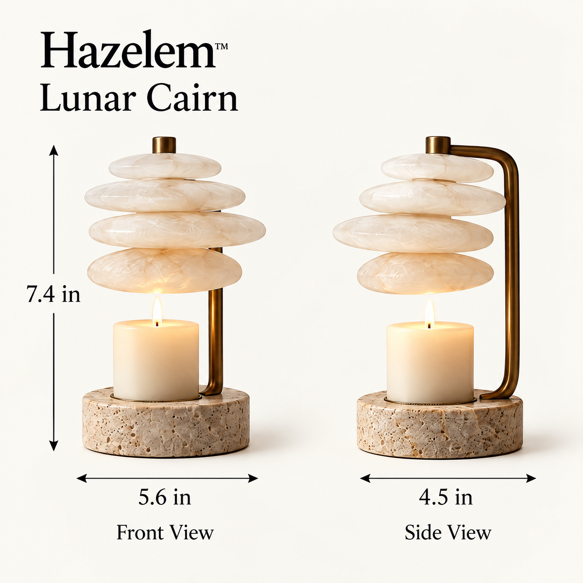 Hazelem™ Lunar Cairn – Layered Alabaster Candle Holder with Antique Bronze Stem and Travertine Stone Base