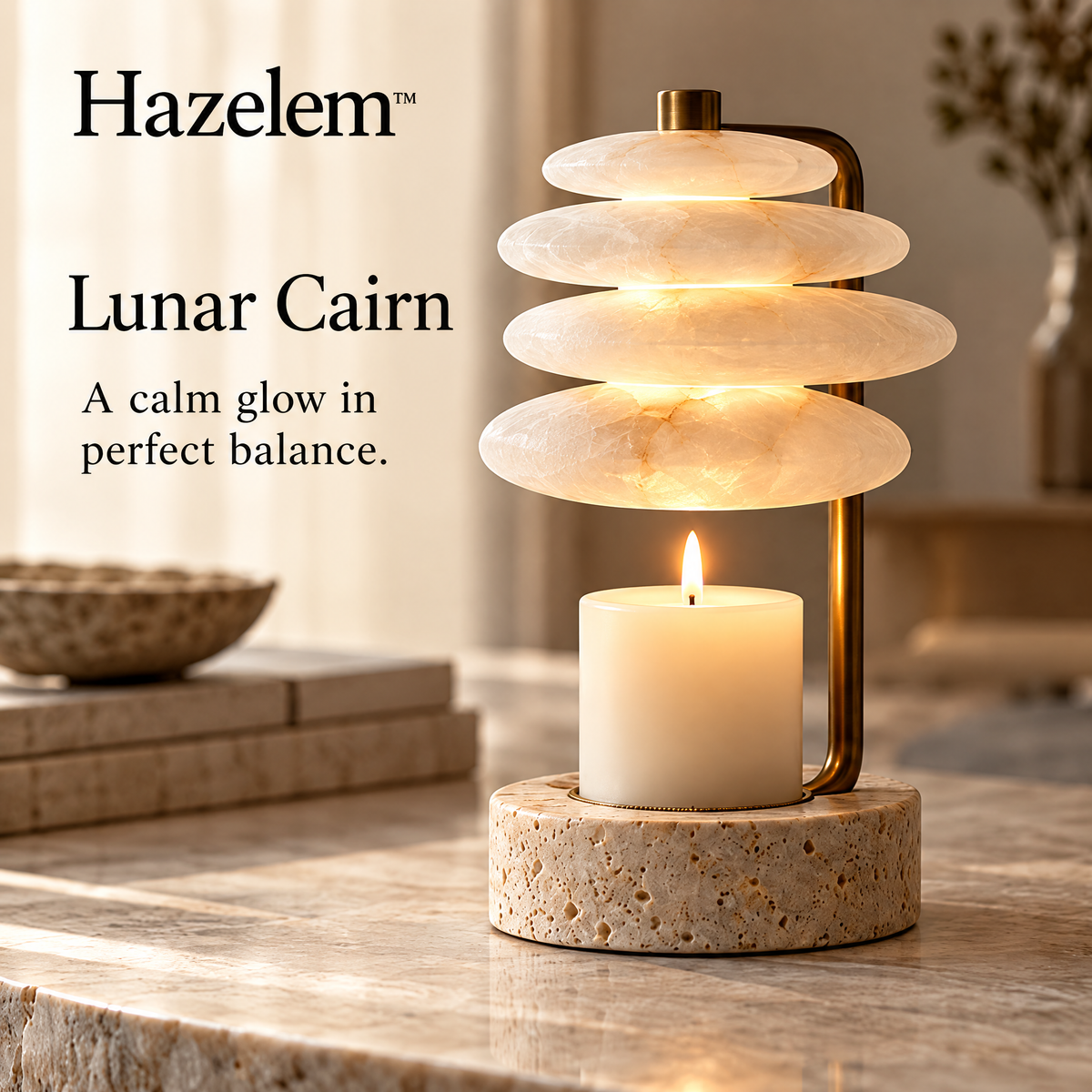 Hazelem™ Lunar Cairn – Layered Alabaster Candle Holder with Antique Bronze Stem and Travertine Stone Base