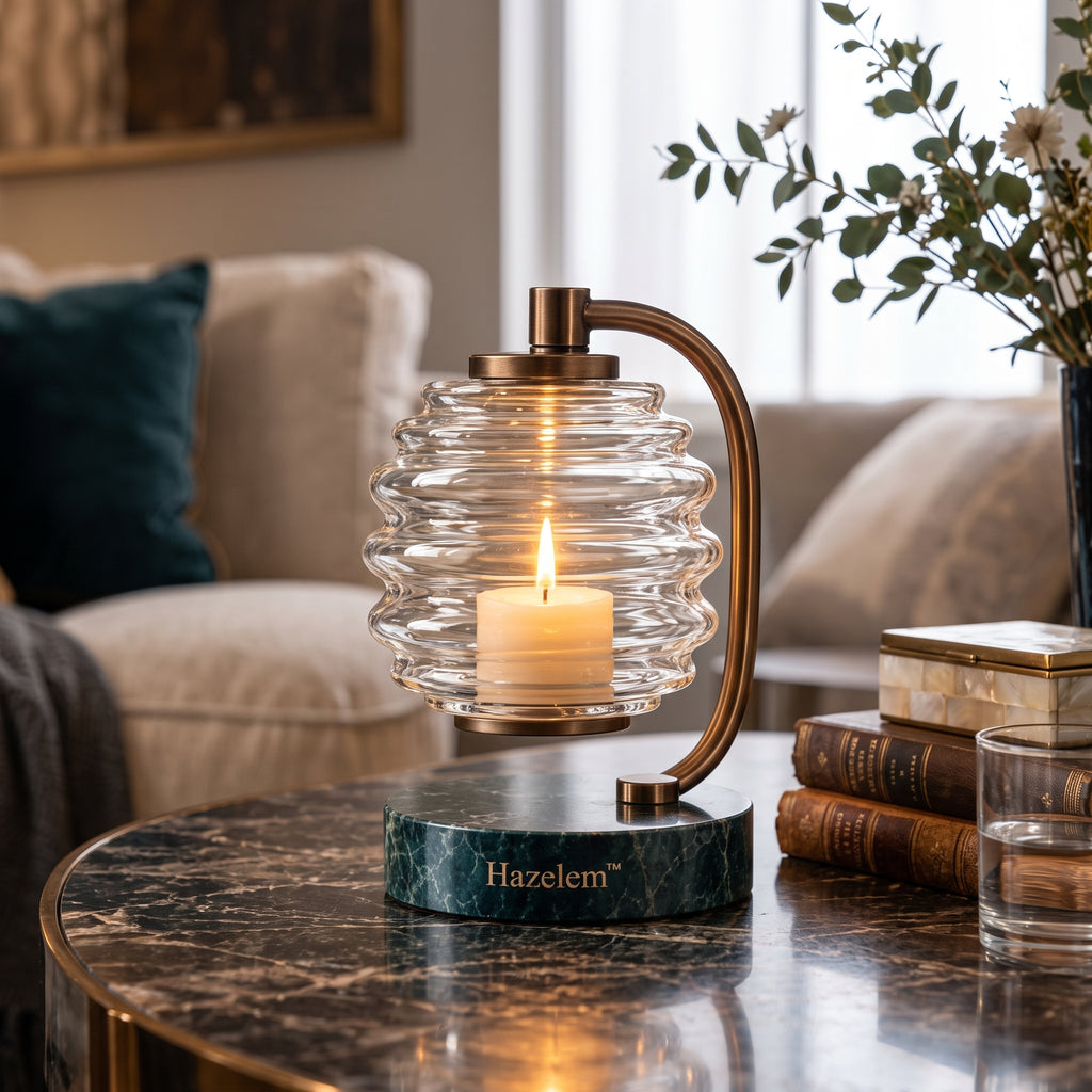 Hazelem™ Ripple Lantern – Sculptural Ribbed Glass Candle Holder with Bronze-Finish Frame and Green Marble Base