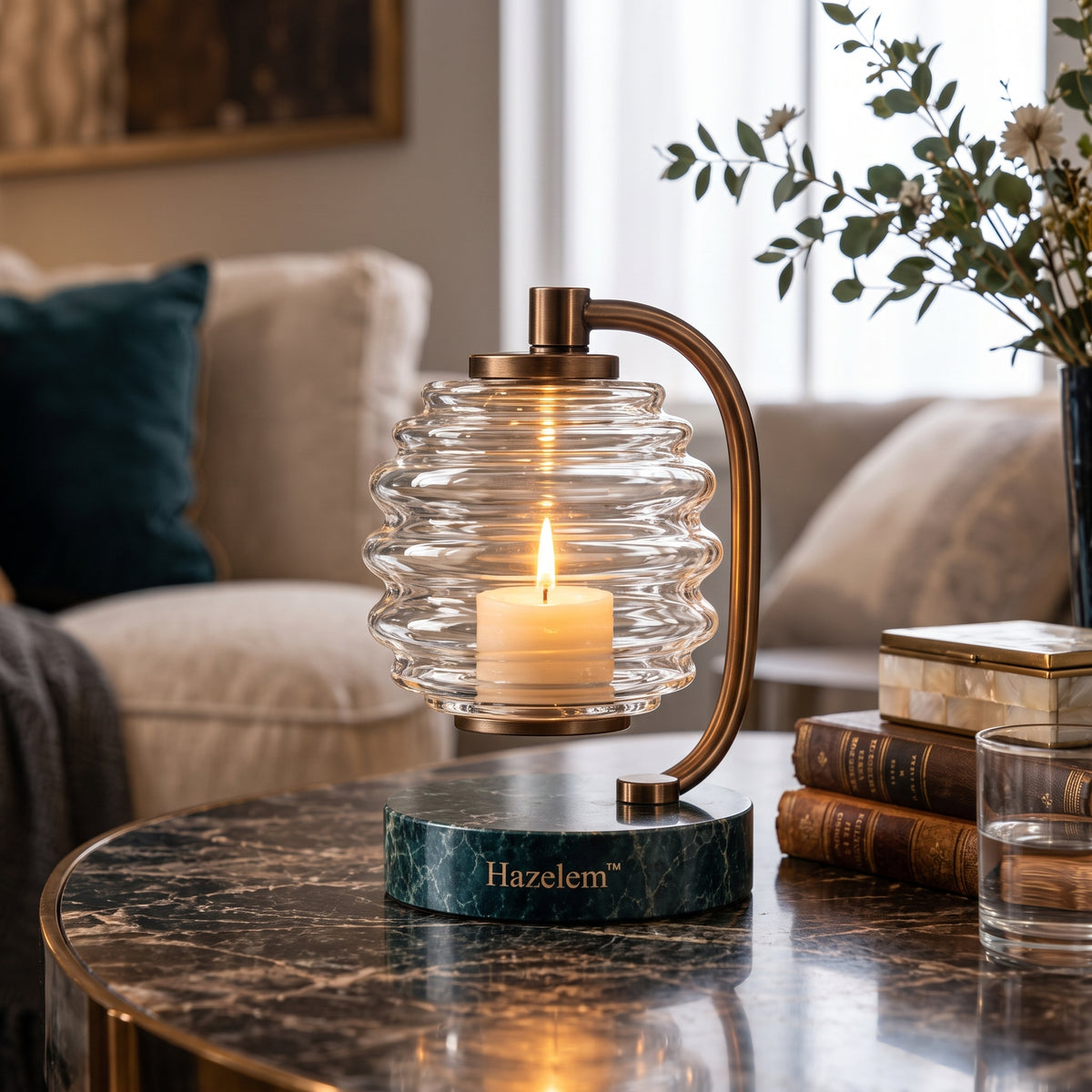 Hazelem™ Ripple Lantern – Sculptural Ribbed Glass Candle Holder with Bronze-Finish Frame and Green Marble Base