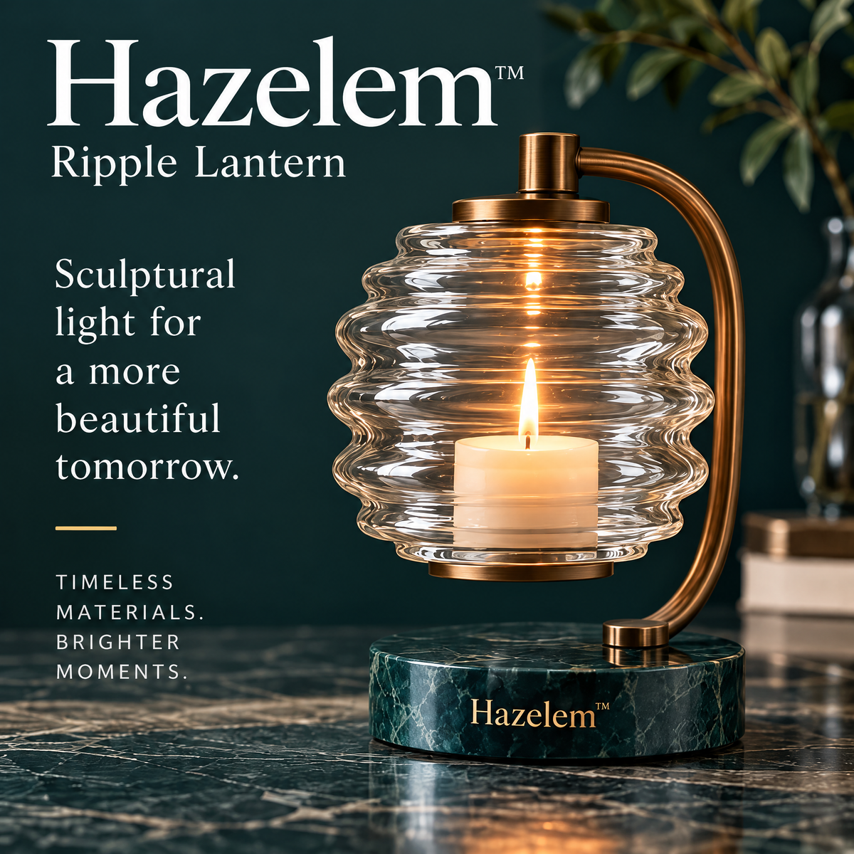 Hazelem™ Ripple Lantern – Sculptural Ribbed Glass Candle Holder with Bronze-Finish Frame and Green Marble Base