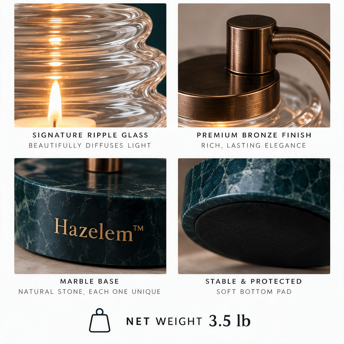 Hazelem™ Ripple Lantern – Sculptural Ribbed Glass Candle Holder with Bronze-Finish Frame and Green Marble Base