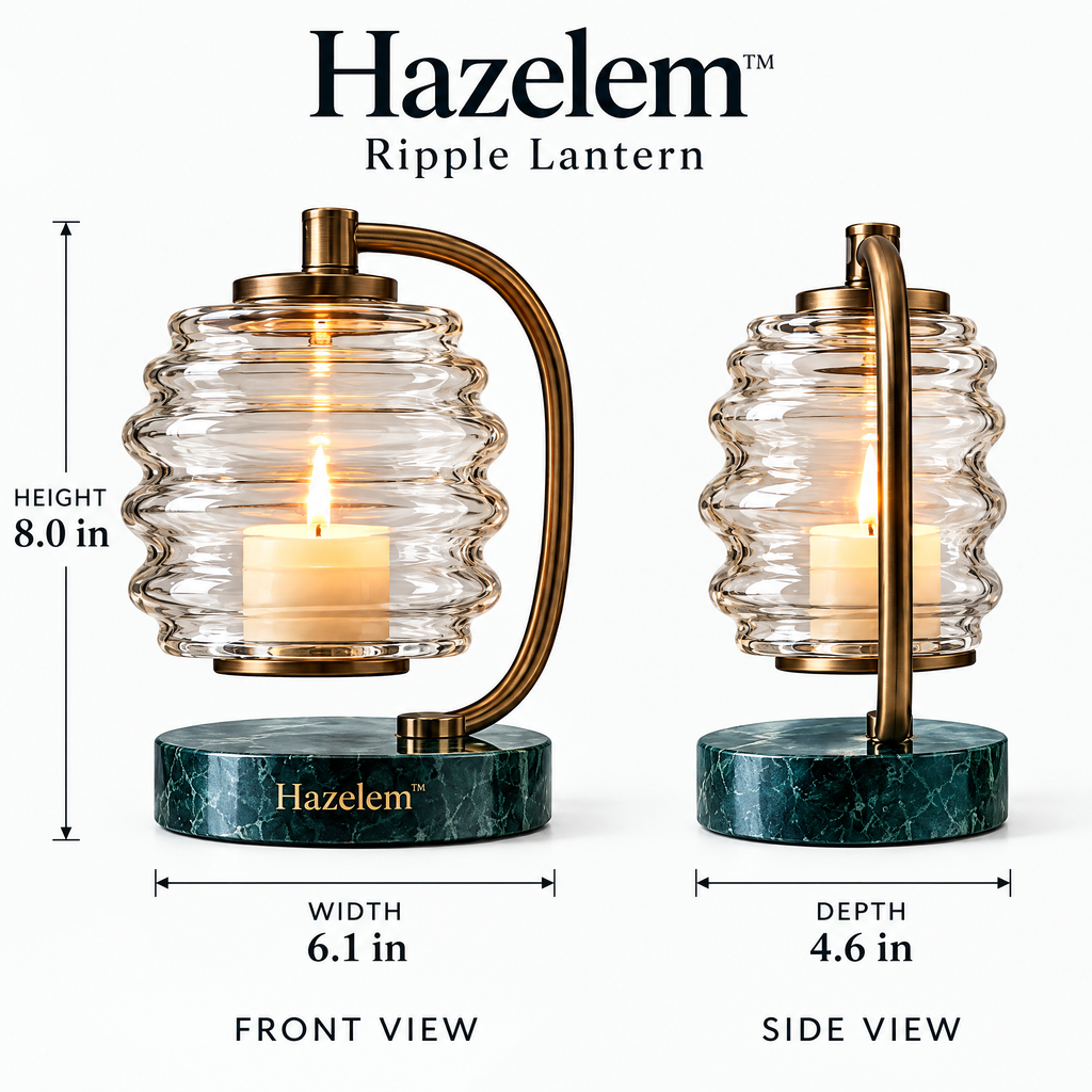 Hazelem™ Ripple Lantern – Sculptural Ribbed Glass Candle Holder with Bronze-Finish Frame and Green Marble Base