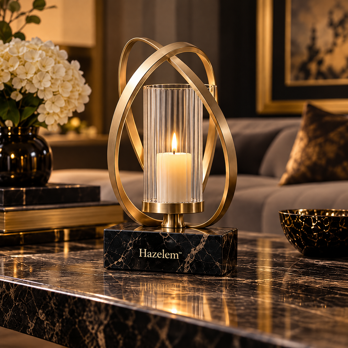 Hazelem™ Solstice Arc – Sculptural Champagne Bronze Candle Holder with Fluted Glass Chimney and Black Marble Plinth