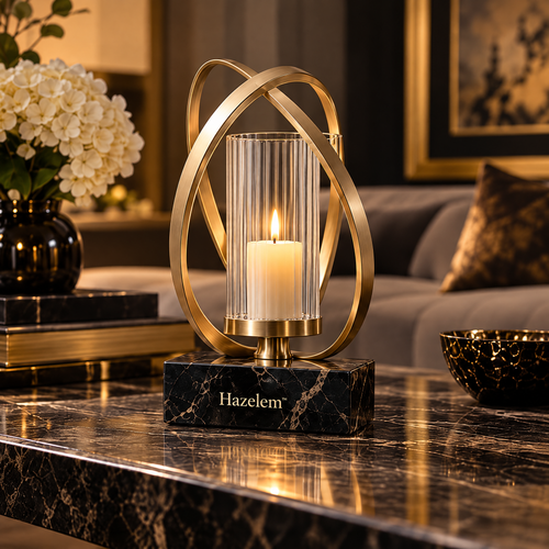 Hazelem™ Solstice Arc – Sculptural Champagne Bronze Candle Holder with Fluted Glass Chimney and Black Marble Plinth