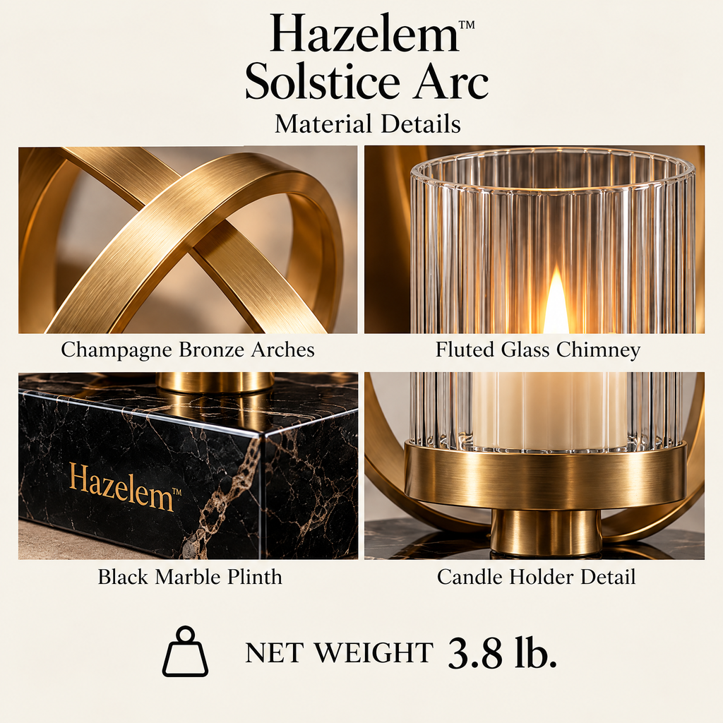 Hazelem™ Solstice Arc – Sculptural Champagne Bronze Candle Holder with Fluted Glass Chimney and Black Marble Plinth