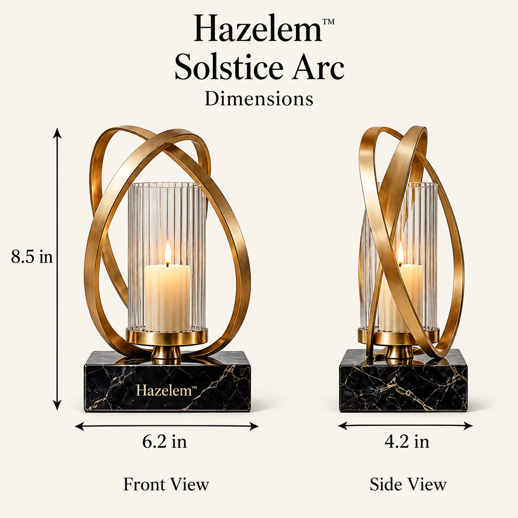 Hazelem™ Solstice Arc – Sculptural Champagne Bronze Candle Holder with Fluted Glass Chimney and Black Marble Plinth