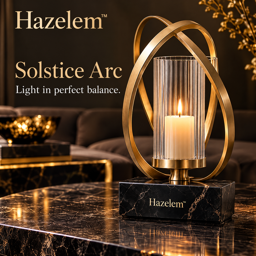 Hazelem™ Solstice Arc – Sculptural Champagne Bronze Candle Holder with Fluted Glass Chimney and Black Marble Plinth