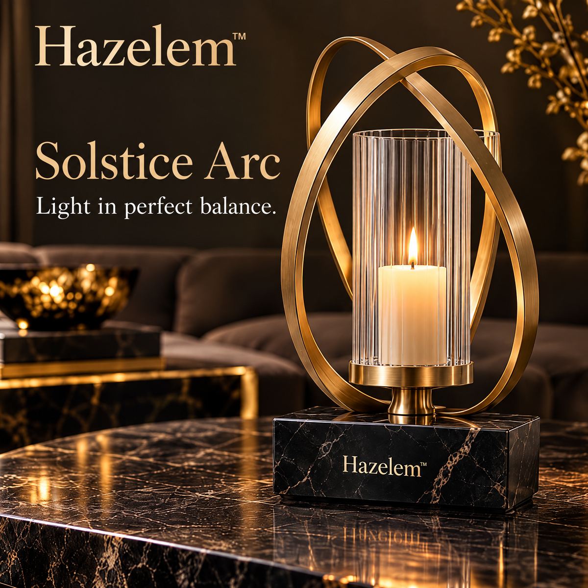 Hazelem™ Solstice Arc – Sculptural Champagne Bronze Candle Holder with Fluted Glass Chimney and Black Marble Plinth