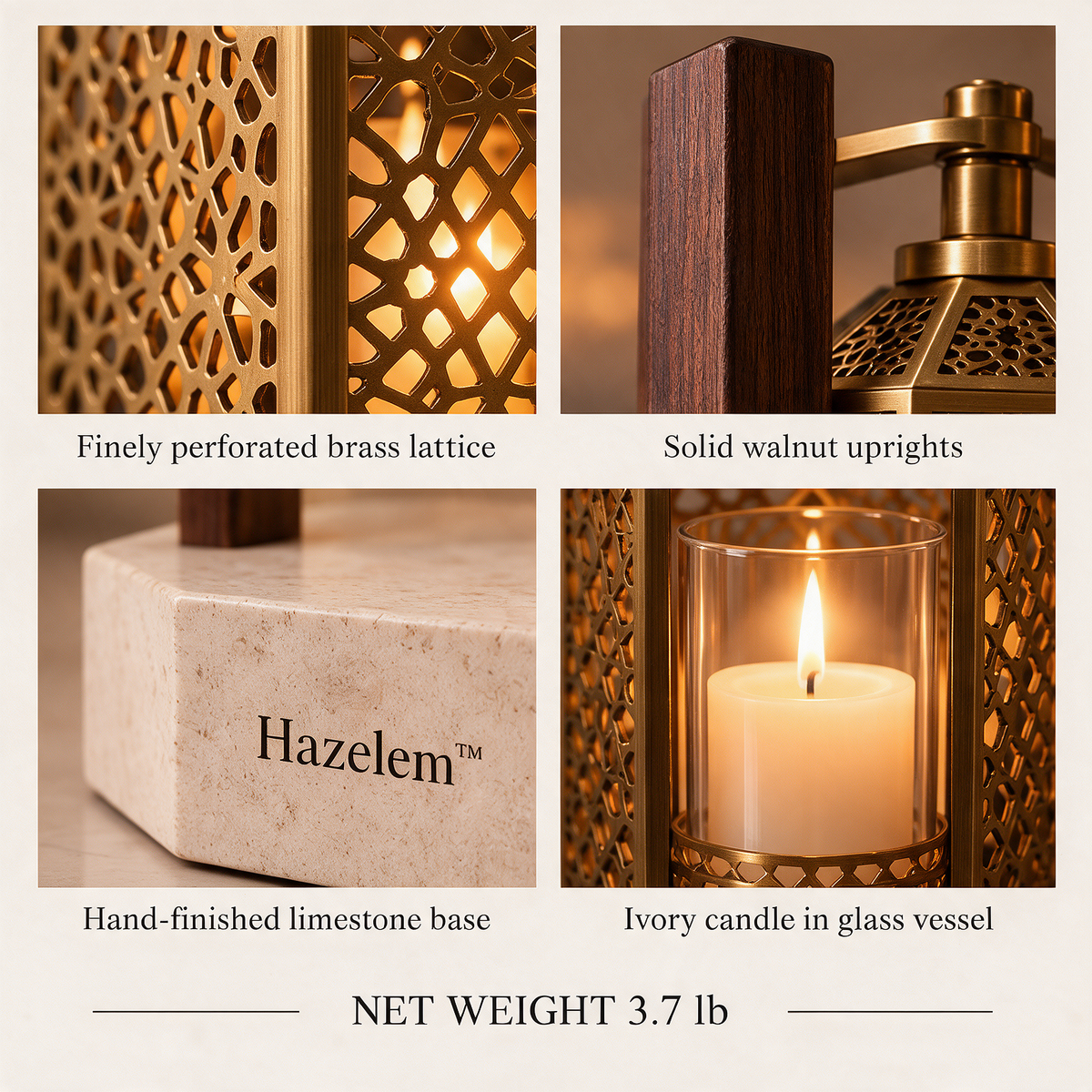 Hazelem™ Saffron Lantern – Pierced Brass Lattice Candle Holder with Walnut Frame and Limestone Base