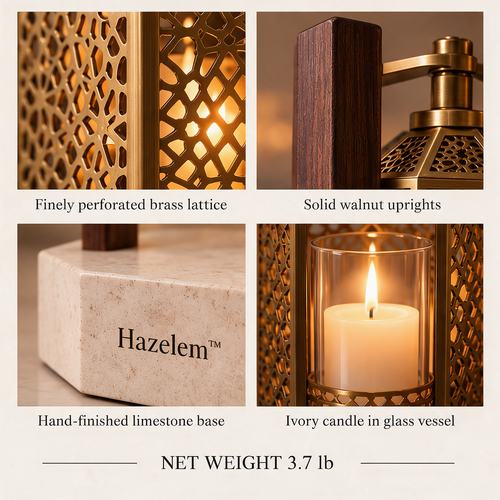Hazelem™ Saffron Lantern – Pierced Brass Lattice Candle Holder with Walnut Frame and Limestone Base