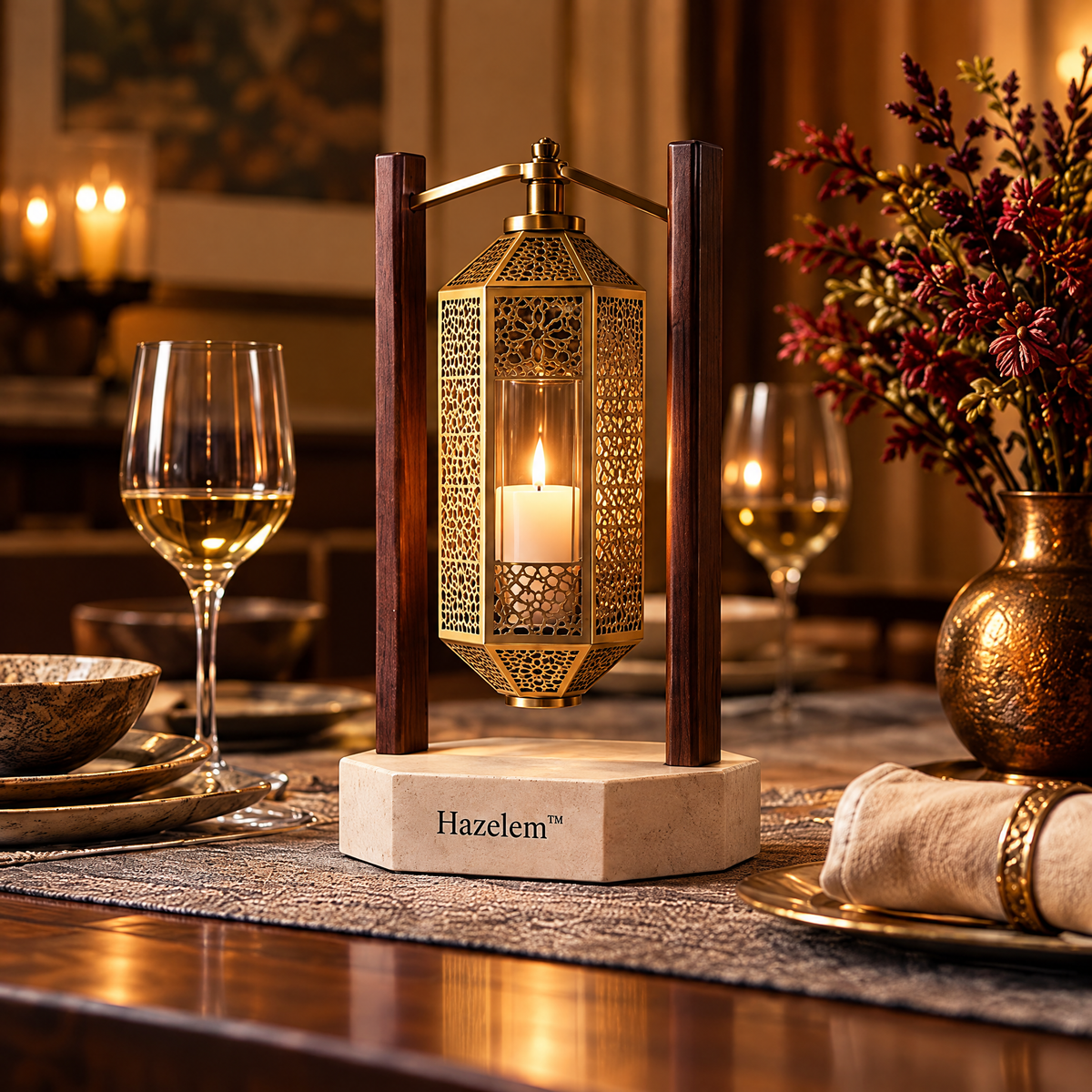 Hazelem™ Saffron Lantern – Pierced Brass Lattice Candle Holder with Walnut Frame and Limestone Base