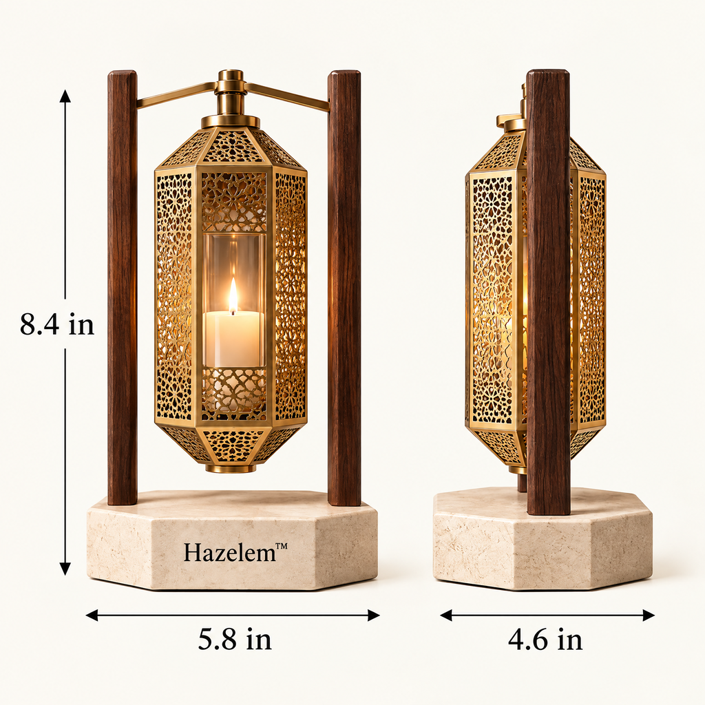 Hazelem™ Saffron Lantern – Pierced Brass Lattice Candle Holder with Walnut Frame and Limestone Base
