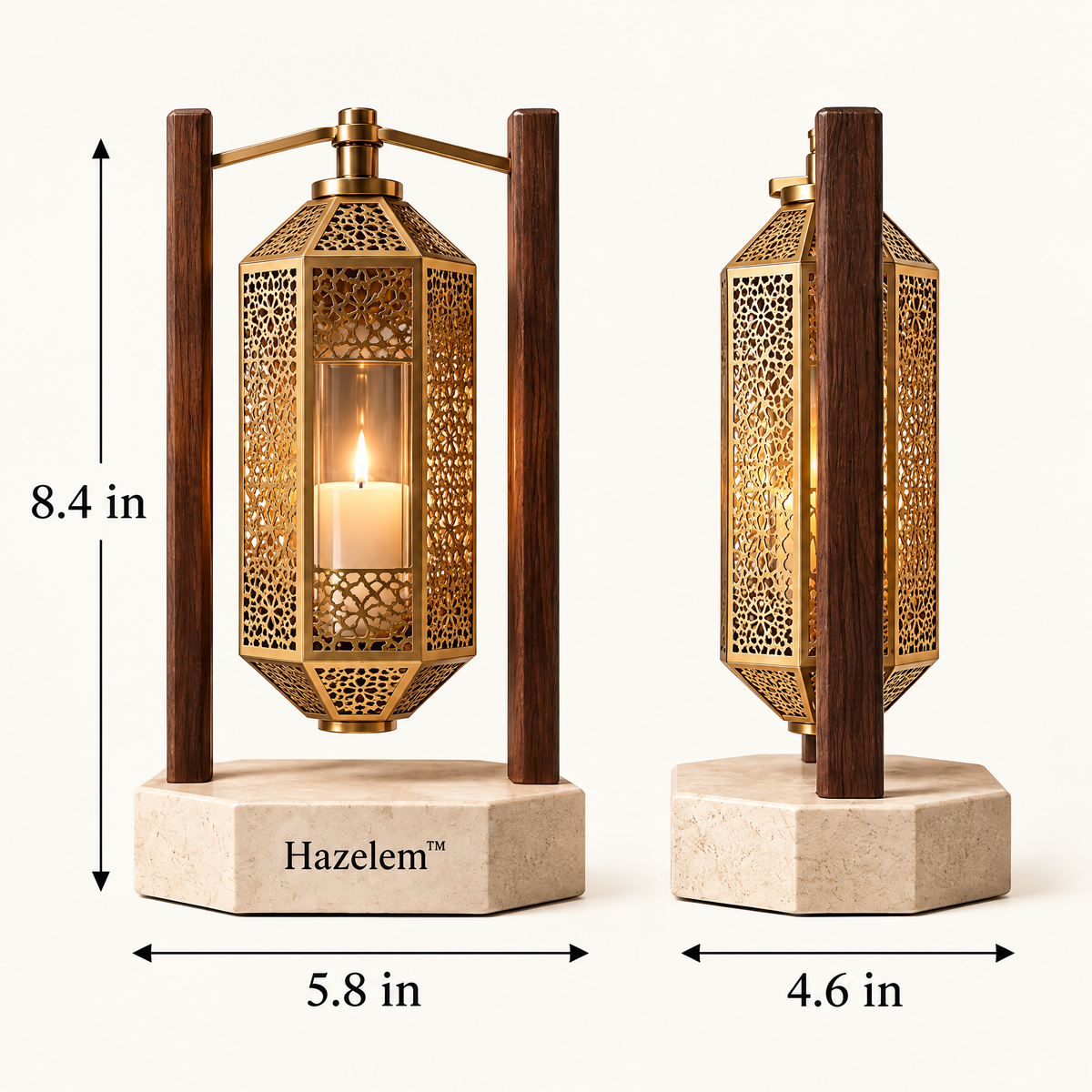 Hazelem™ Saffron Lantern – Pierced Brass Lattice Candle Holder with Walnut Frame and Limestone Base