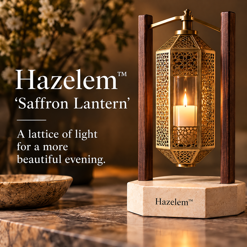 Hazelem™ Saffron Lantern – Pierced Brass Lattice Candle Holder with Walnut Frame and Limestone Base