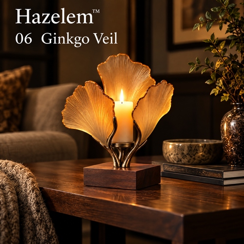 Hazelem™ Ginkgo Veil – Sculptural Amber Glass Candle Holder with Antique Bronze Branching Stem and Dark Walnut Base