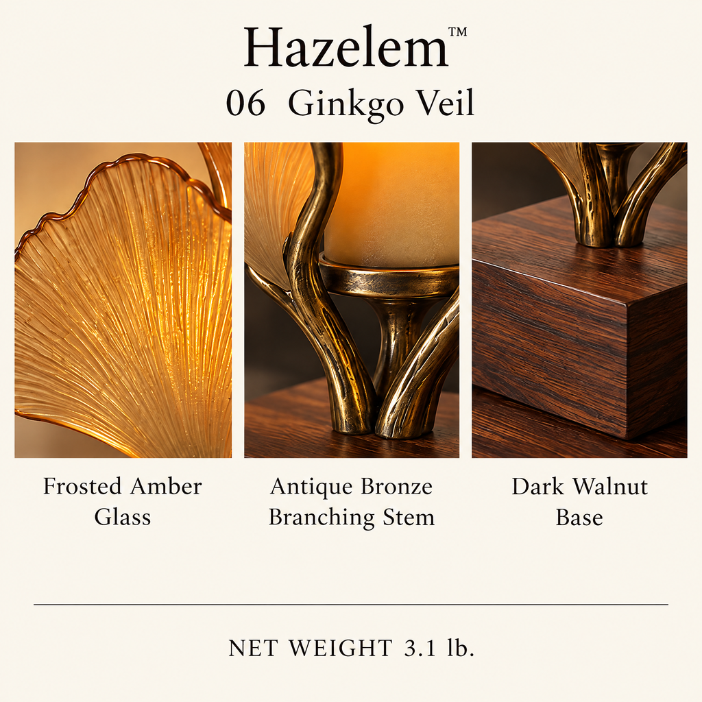 Hazelem™ Ginkgo Veil – Sculptural Amber Glass Candle Holder with Antique Bronze Branching Stem and Dark Walnut Base