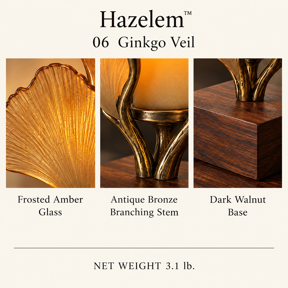 Hazelem™ Ginkgo Veil – Sculptural Amber Glass Candle Holder with Antique Bronze Branching Stem and Dark Walnut Base