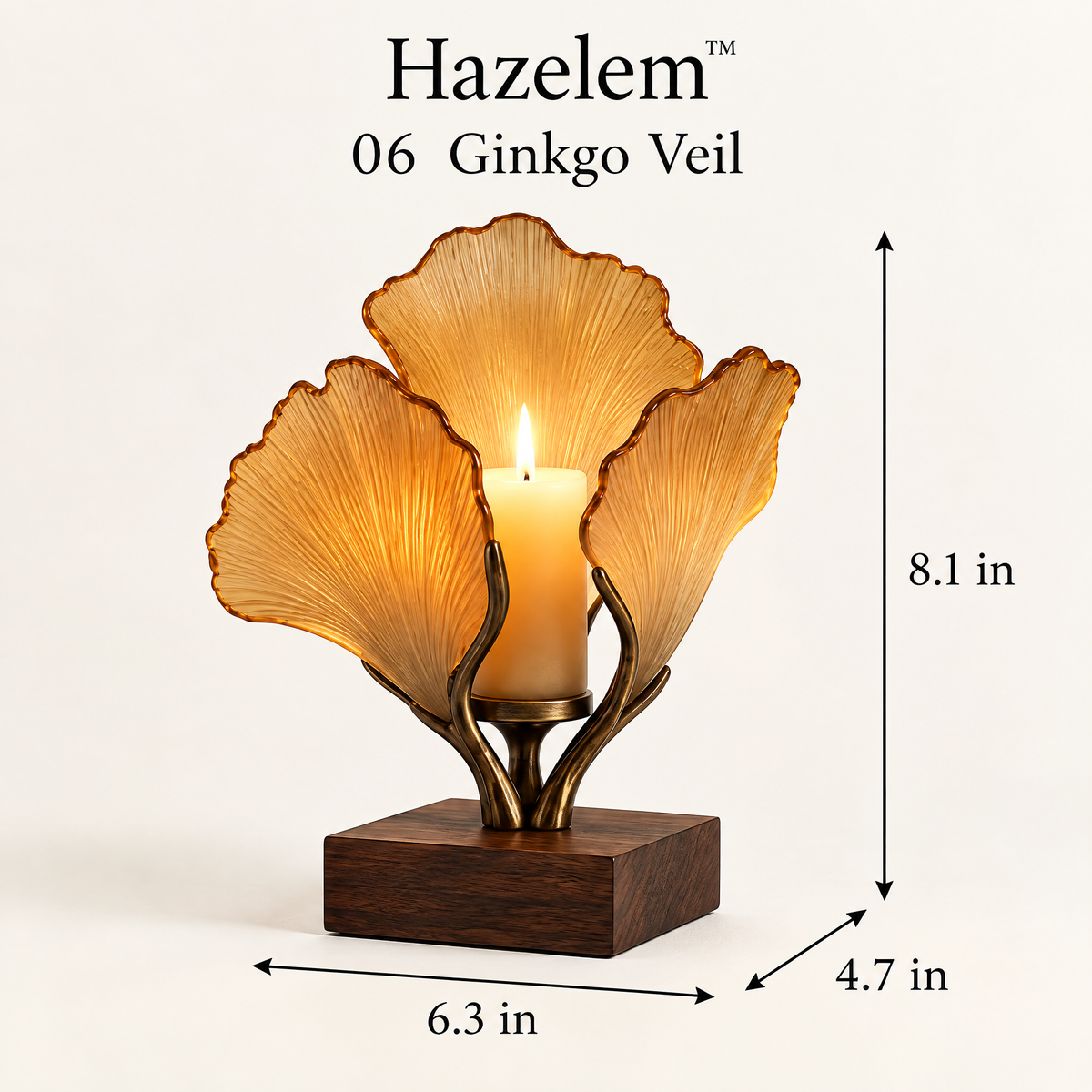 Hazelem™ Ginkgo Veil – Sculptural Amber Glass Candle Holder with Antique Bronze Branching Stem and Dark Walnut Base
