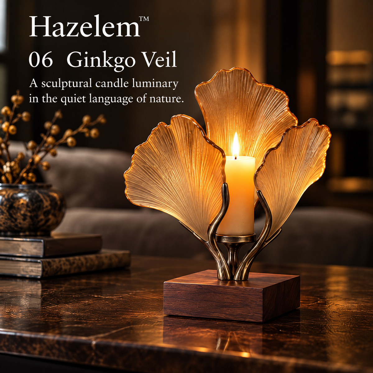 Hazelem™ Ginkgo Veil – Sculptural Amber Glass Candle Holder with Antique Bronze Branching Stem and Dark Walnut Base