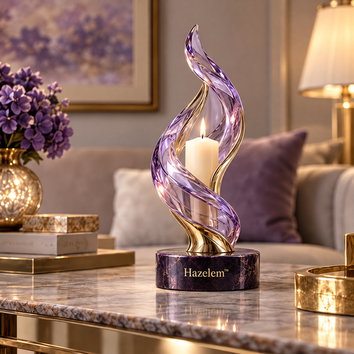 Hazelem™ Aurora Spire – Sculptural Violet Glass Candle Holder with Champagne Metal Stem and Amethyst Marble Base