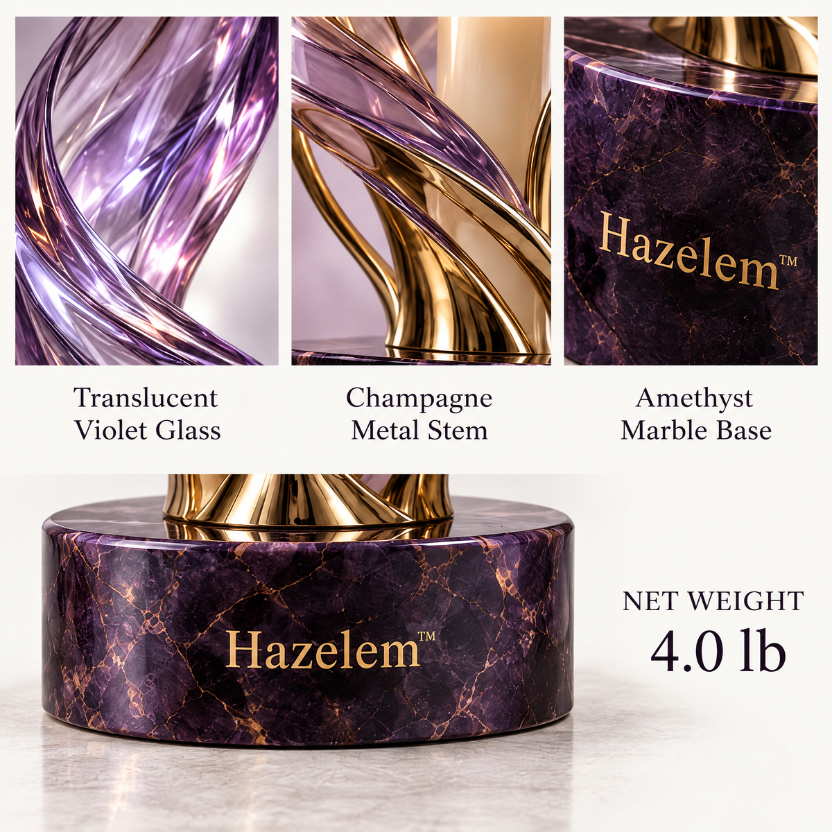 Hazelem™ Aurora Spire – Sculptural Violet Glass Candle Holder with Champagne Metal Stem and Amethyst Marble Base