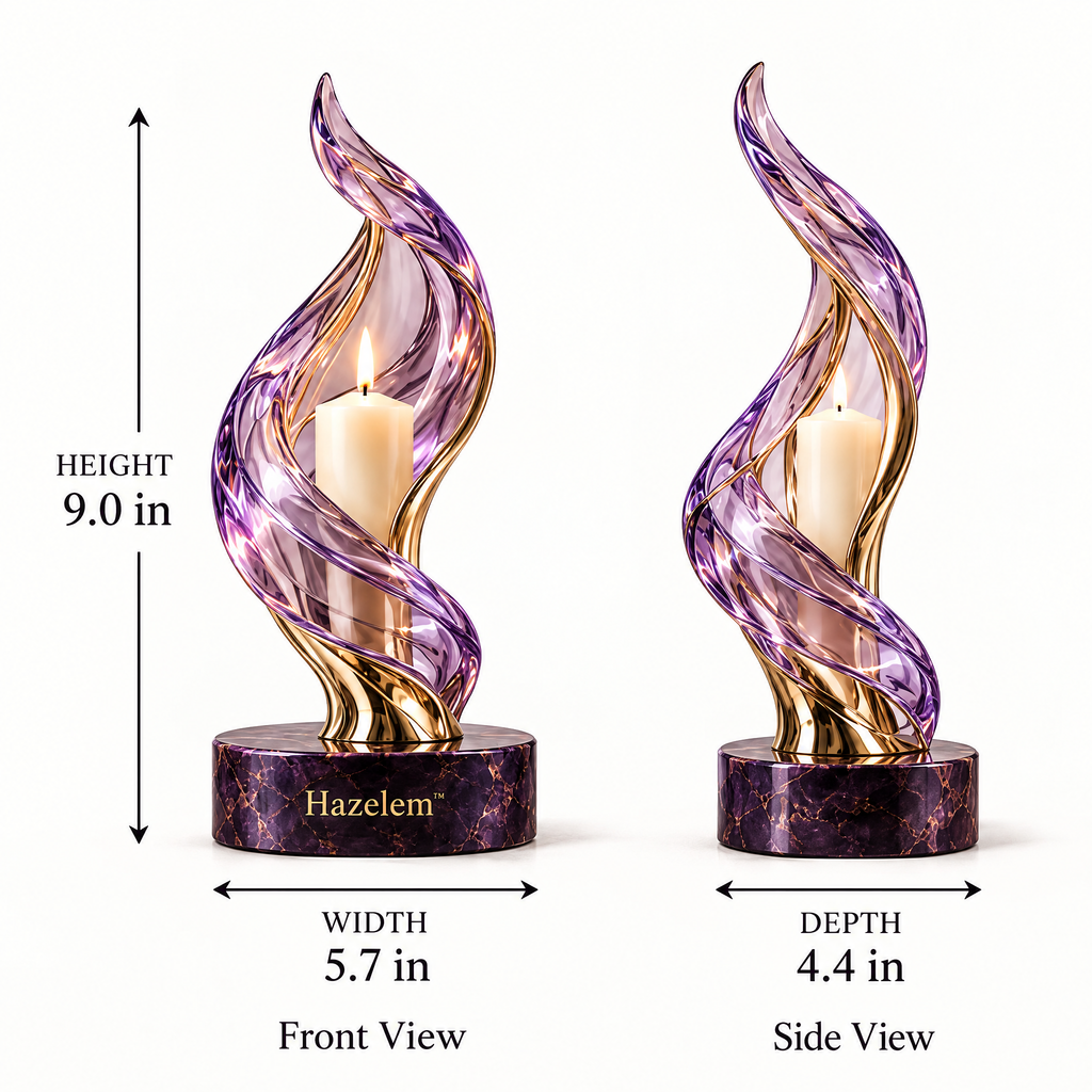 Hazelem™ Aurora Spire – Sculptural Violet Glass Candle Holder with Champagne Metal Stem and Amethyst Marble Base