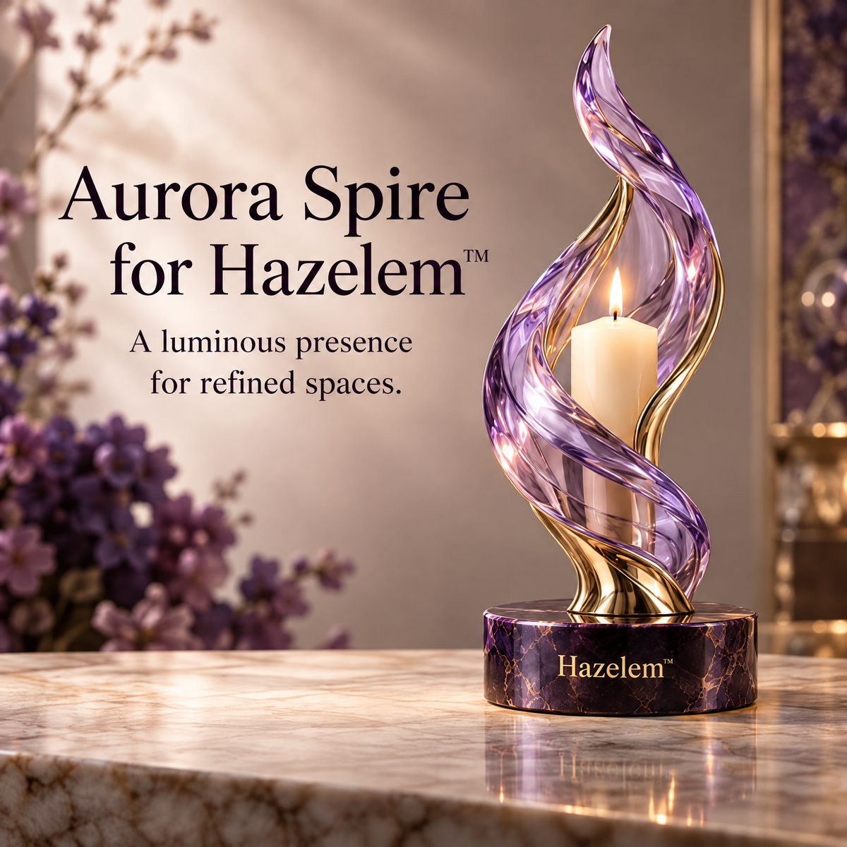 Hazelem™ Aurora Spire – Sculptural Violet Glass Candle Holder with Champagne Metal Stem and Amethyst Marble Base