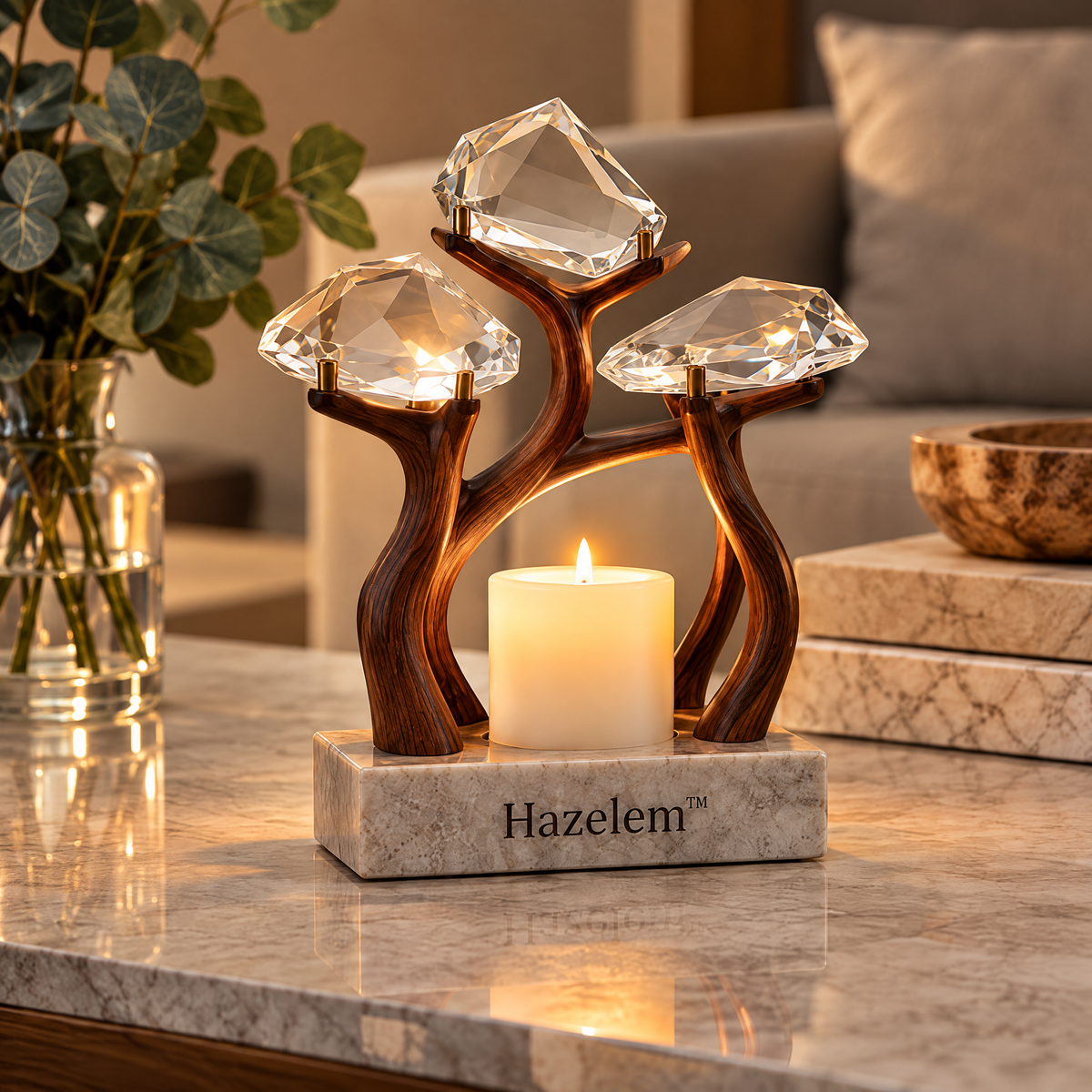Hazelem™ Crystal Canopy – Faceted Crystal and Walnut Candle Holder with Marble Base