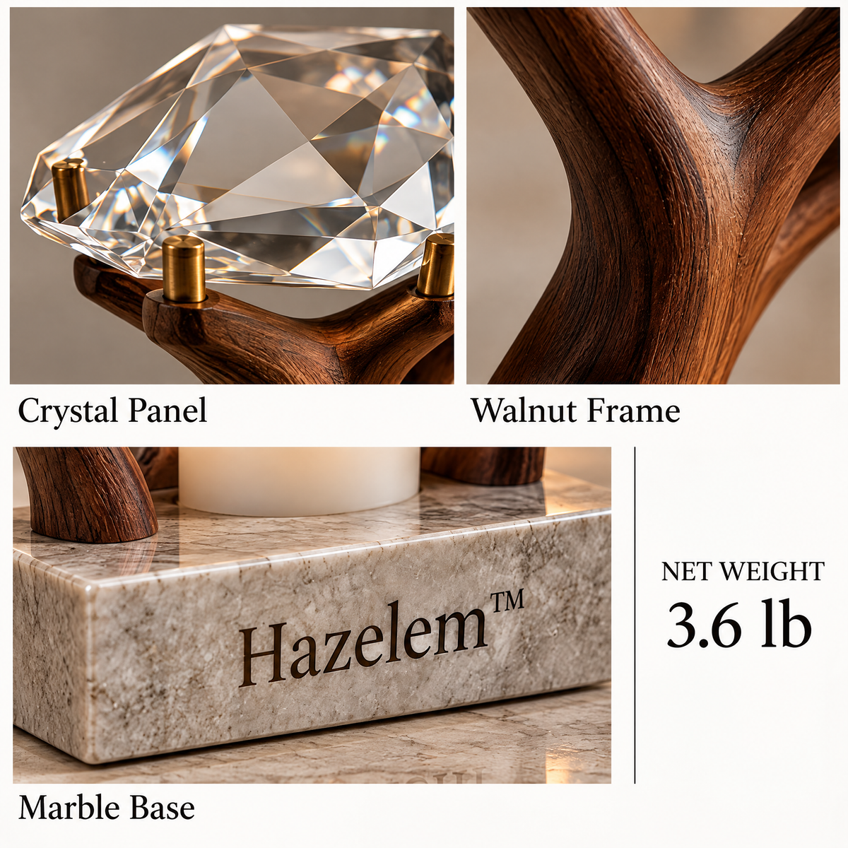 Hazelem™ Crystal Canopy – Faceted Crystal and Walnut Candle Holder with Marble Base