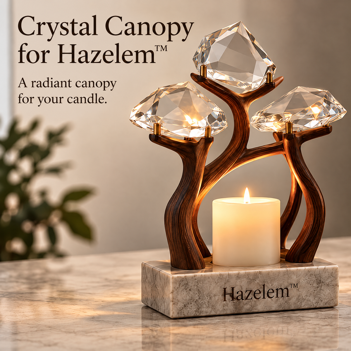 Hazelem™ Crystal Canopy – Faceted Crystal and Walnut Candle Holder with Marble Base