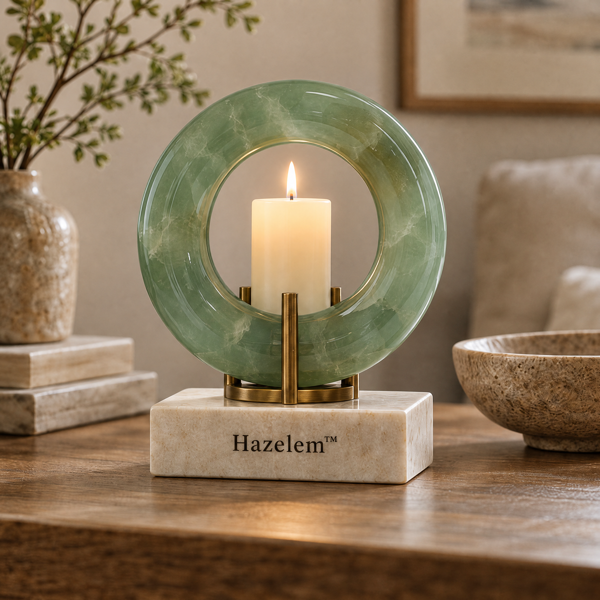 Hazelem™ Celadon Orbit – Sculptural Jade Glass Candle Holder with Antique Brass and Cream Stone Base