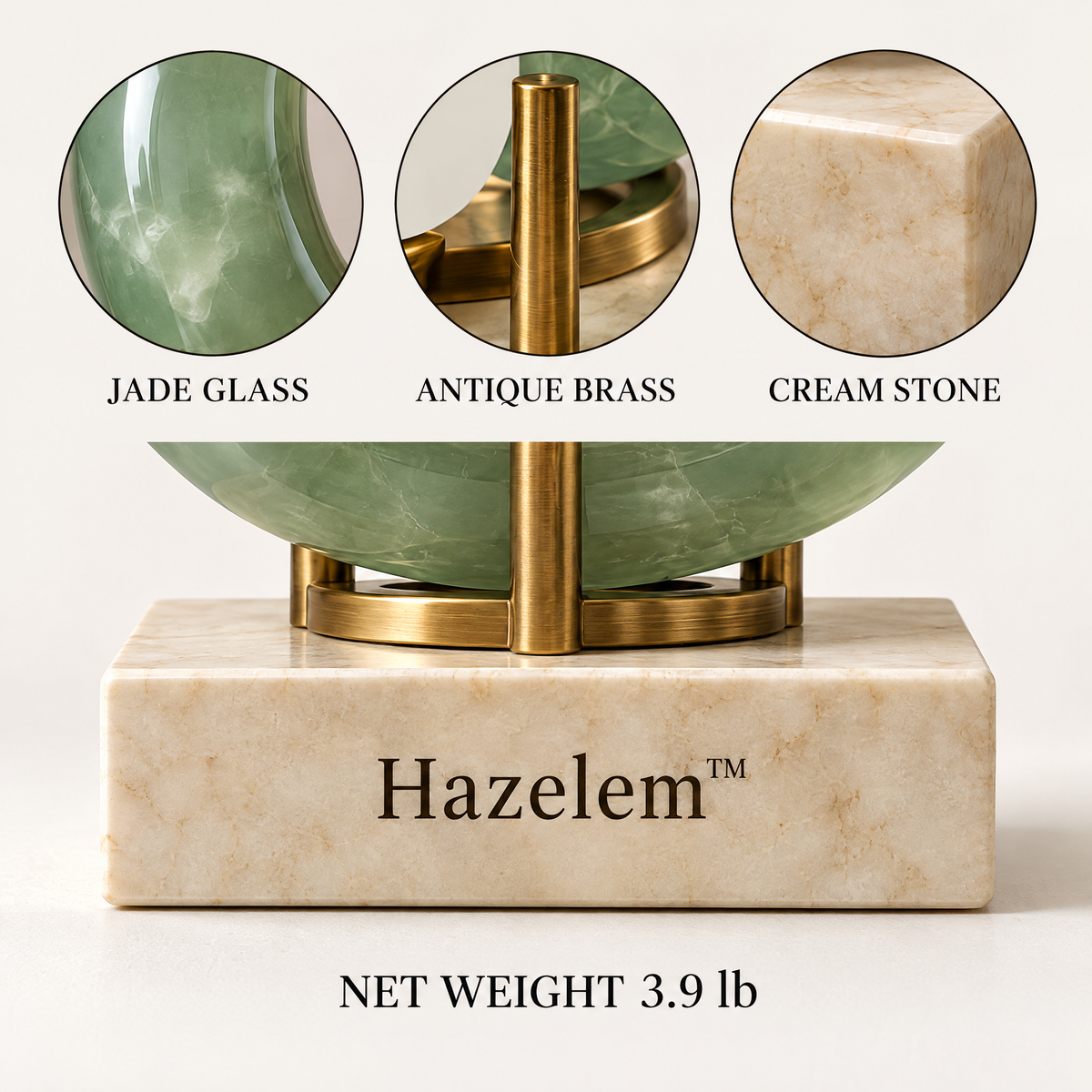 Hazelem™ Celadon Orbit – Sculptural Jade Glass Candle Holder with Antique Brass and Cream Stone Base