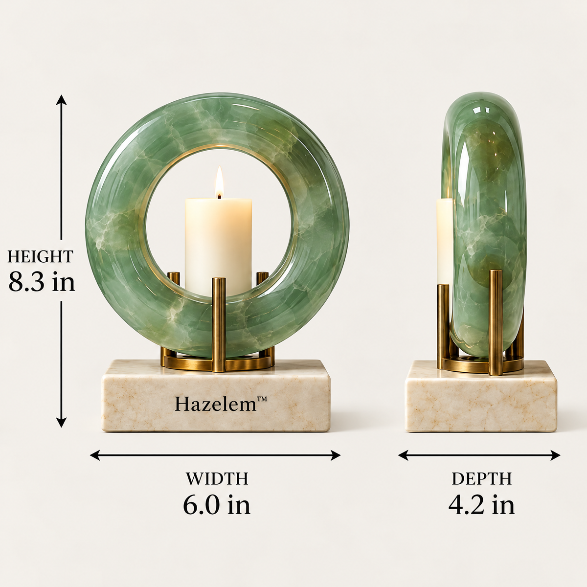 Hazelem™ Celadon Orbit – Sculptural Jade Glass Candle Holder with Antique Brass and Cream Stone Base