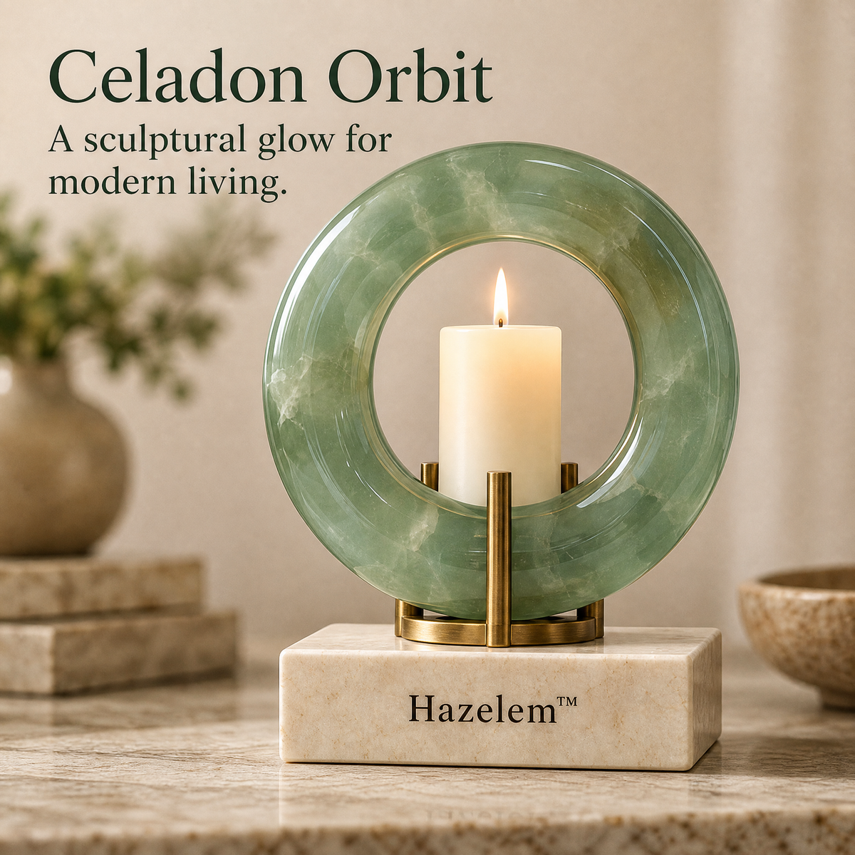Hazelem™ Celadon Orbit – Sculptural Jade Glass Candle Holder with Antique Brass and Cream Stone Base