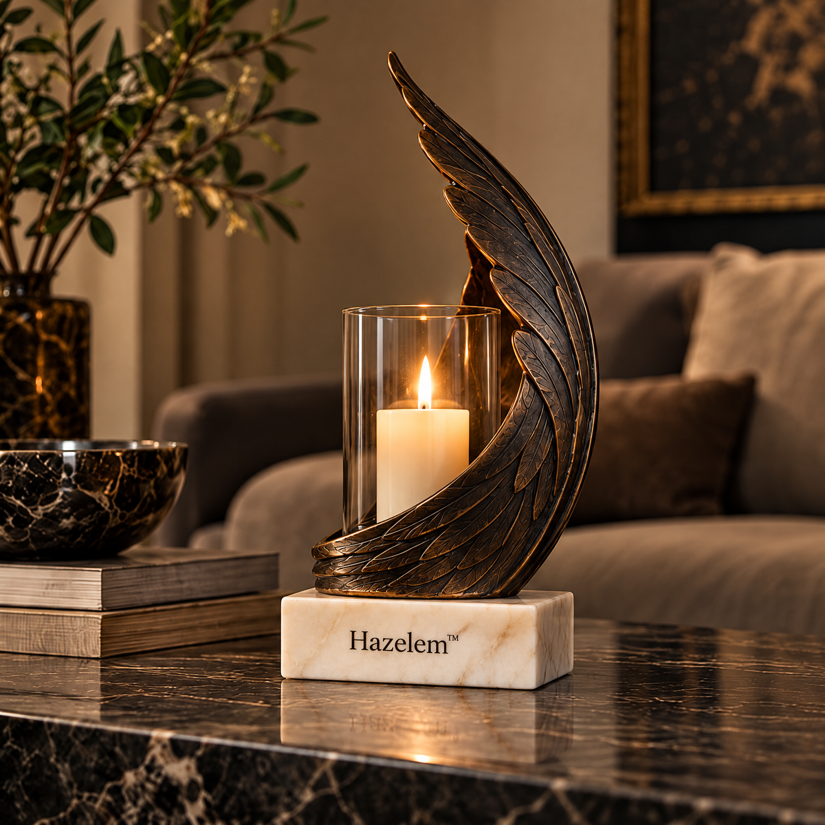 Hazelem™ Nocturne Wing – Sculptural Wing Candle Holder with Glass Enclosure and Ivory Marble Base