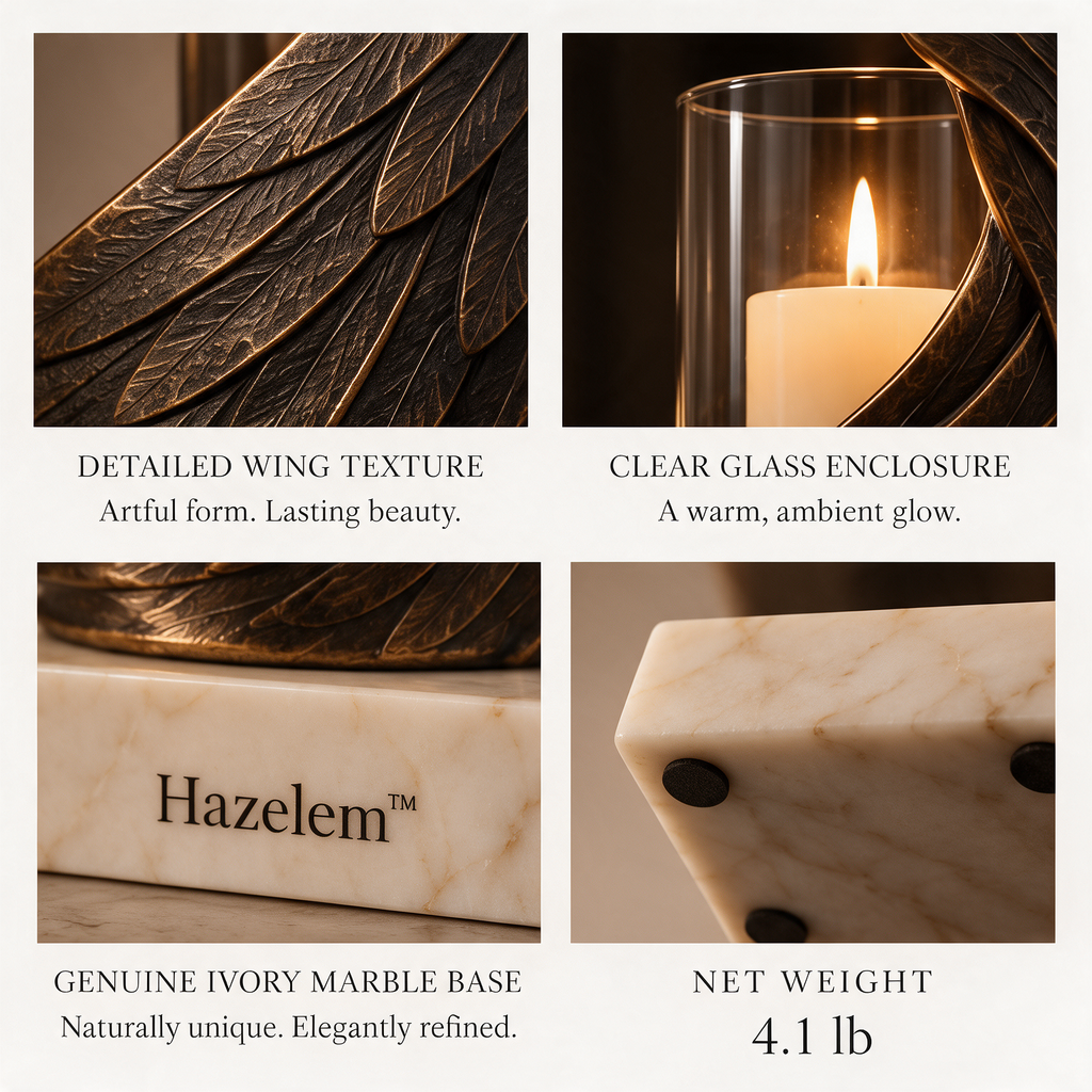 Hazelem™ Nocturne Wing – Sculptural Wing Candle Holder with Glass Enclosure and Ivory Marble Base