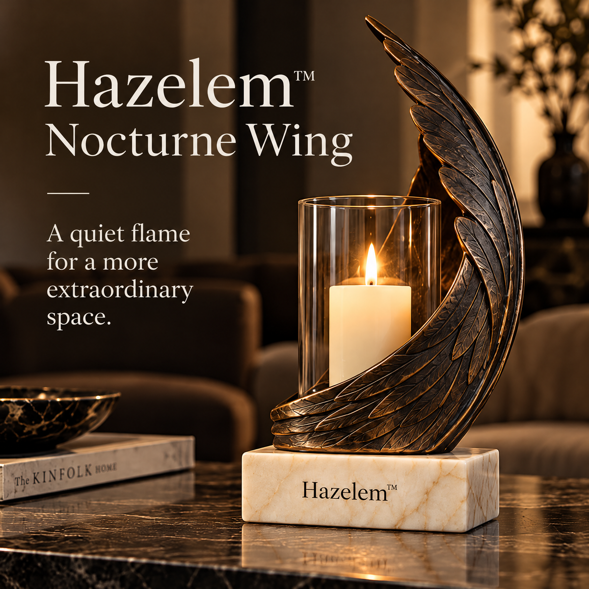 Hazelem™ Nocturne Wing – Sculptural Wing Candle Holder with Glass Enclosure and Ivory Marble Base