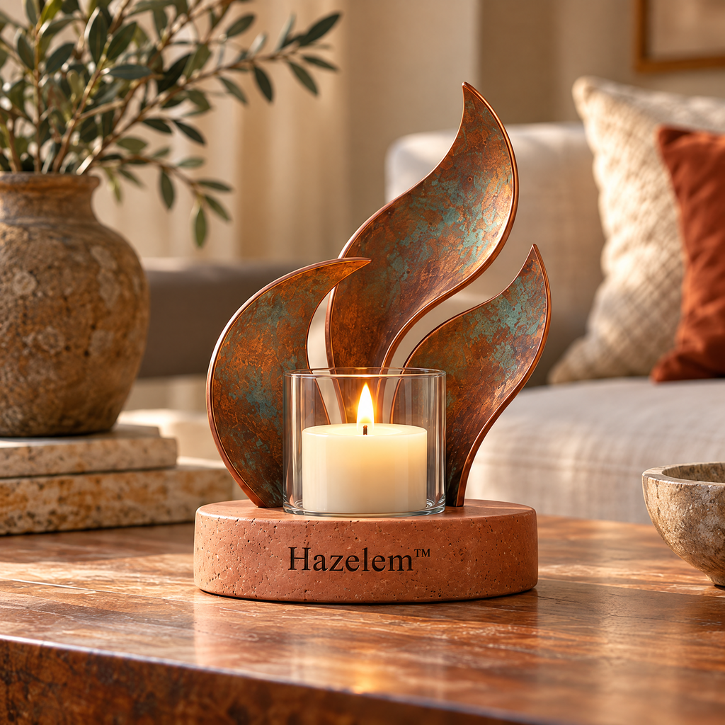 Hazelem™ Copper Tides – Patinated Copper Fin Candle Holder with Glass Candle Cup and Terracotta Stone Base