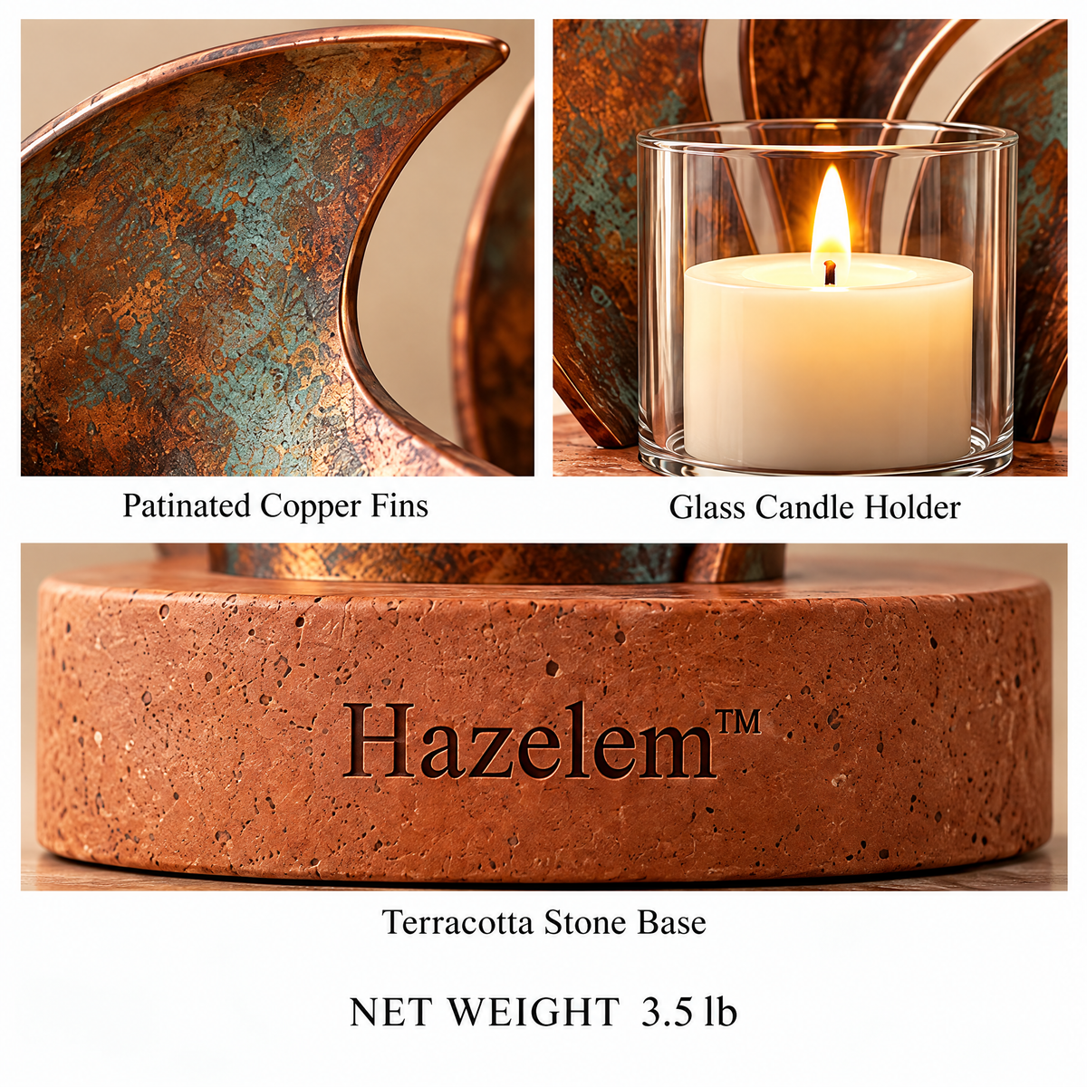 Hazelem™ Copper Tides – Patinated Copper Fin Candle Holder with Glass Candle Cup and Terracotta Stone Base