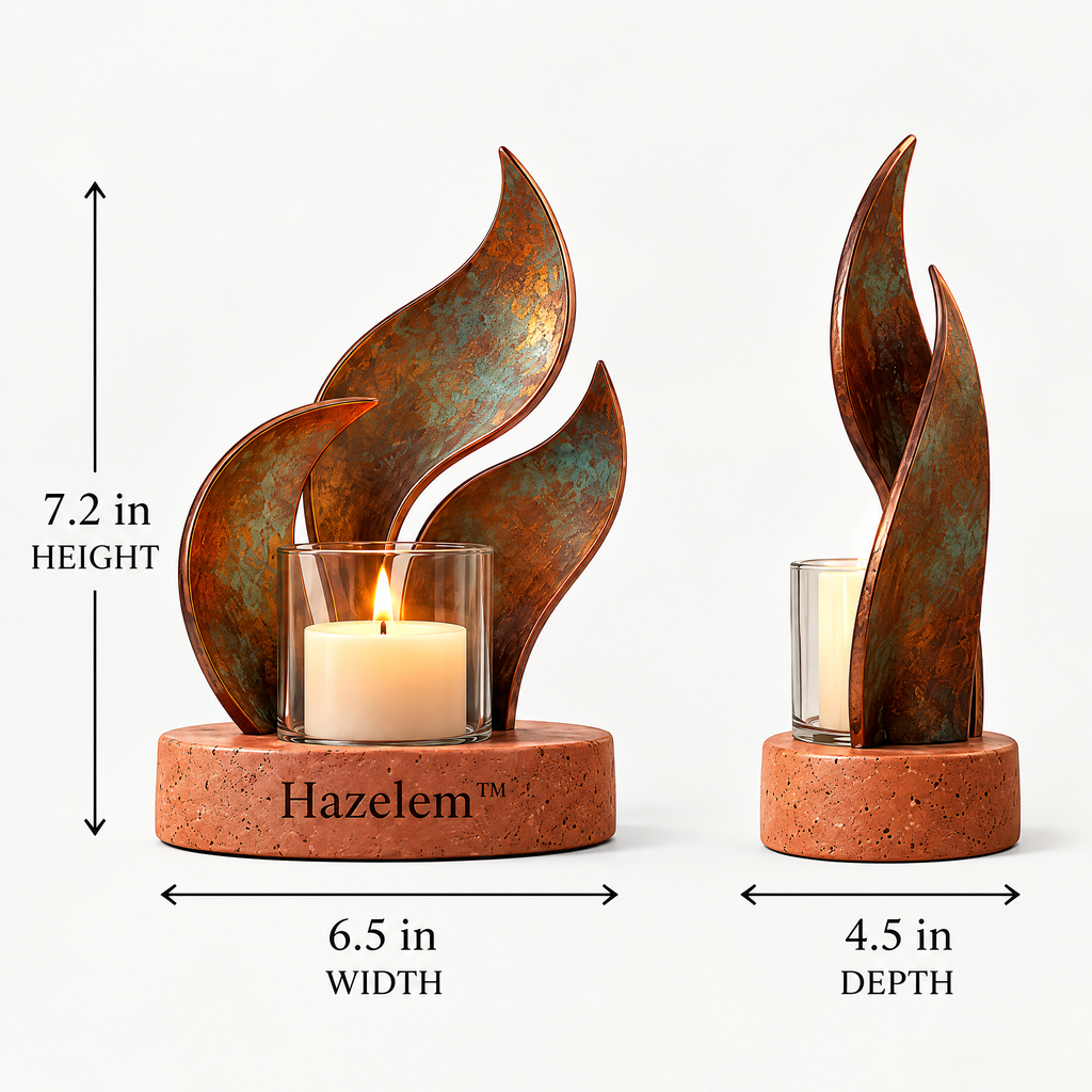 Hazelem™ Copper Tides – Patinated Copper Fin Candle Holder with Glass Candle Cup and Terracotta Stone Base