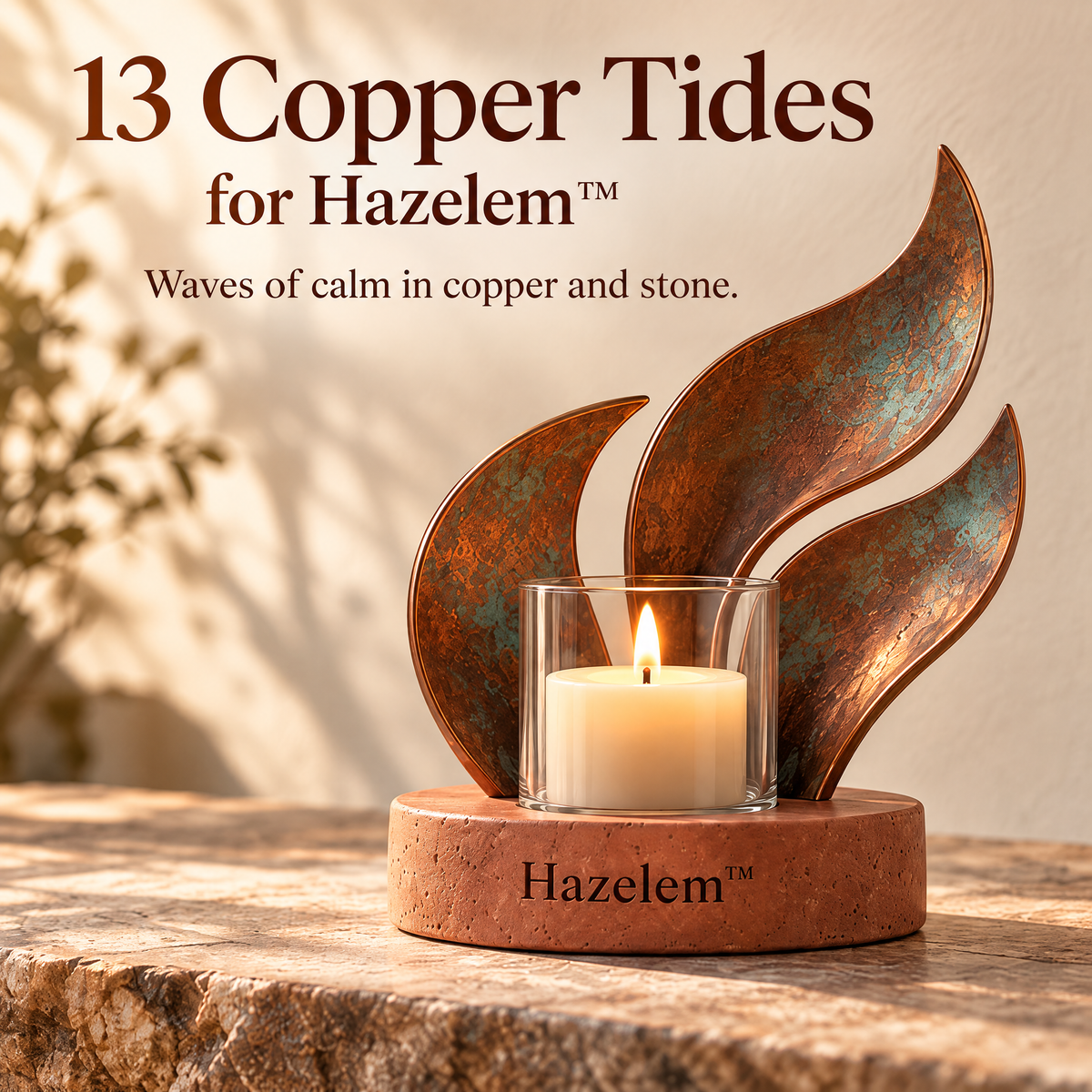 Hazelem™ Copper Tides – Patinated Copper Fin Candle Holder with Glass Candle Cup and Terracotta Stone Base