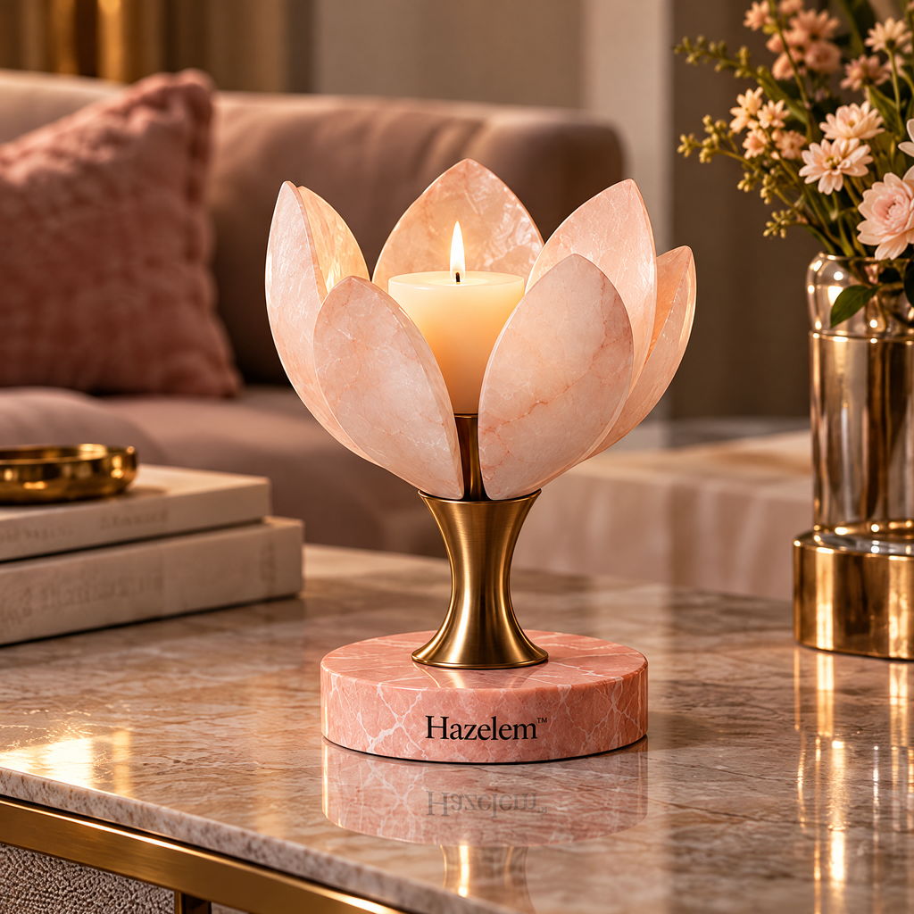 Hazelem™ Rose Marble Bloom – Alabaster Petal Candle Holder with Brushed Bronze Stem