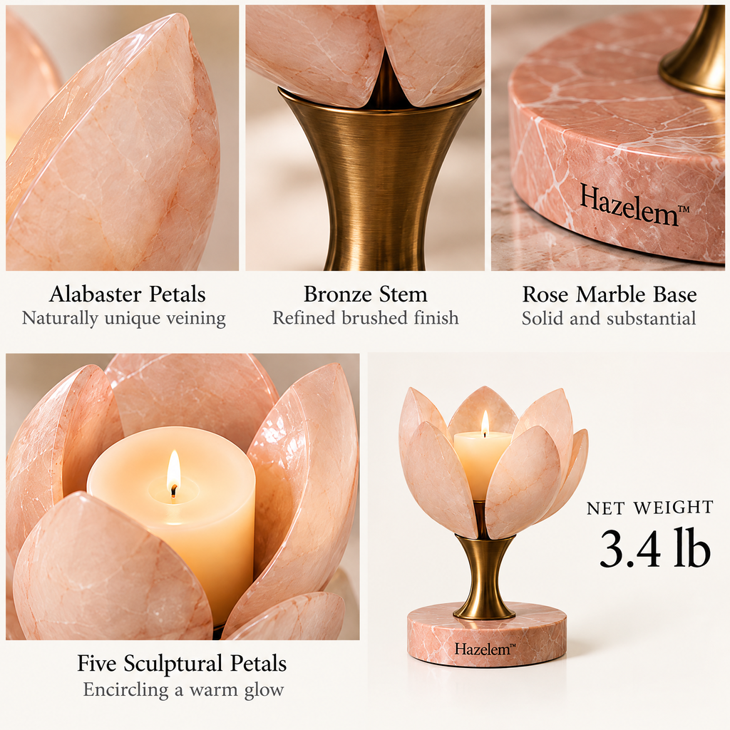 Hazelem™ Rose Marble Bloom – Alabaster Petal Candle Holder with Brushed Bronze Stem