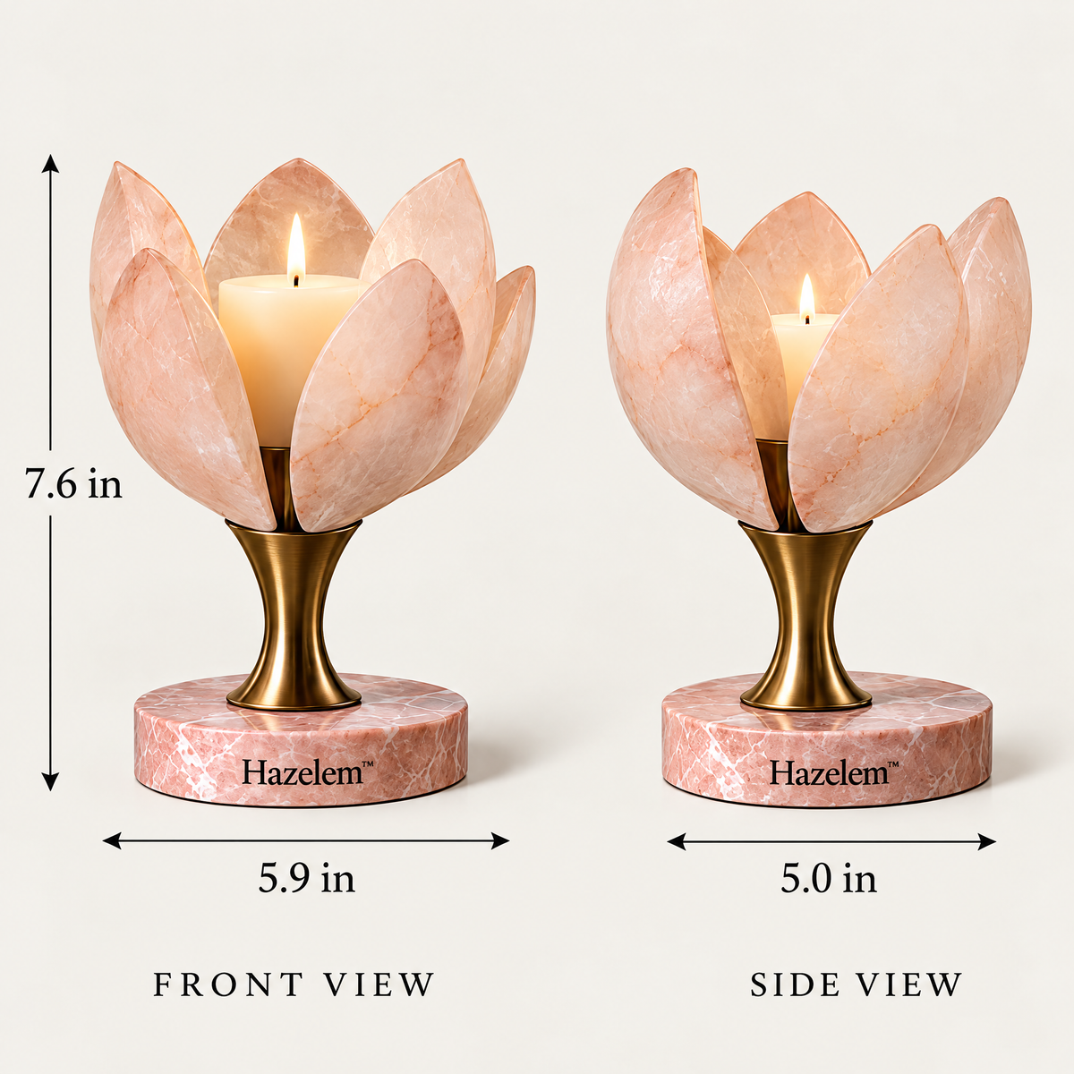 Hazelem™ Rose Marble Bloom – Alabaster Petal Candle Holder with Brushed Bronze Stem