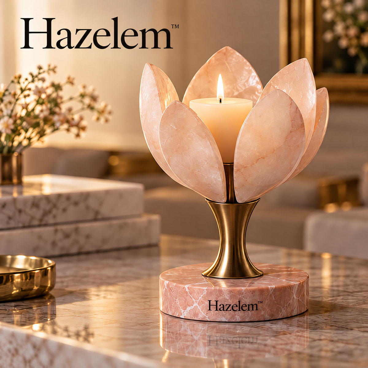 Hazelem™ Rose Marble Bloom – Alabaster Petal Candle Holder with Brushed Bronze Stem
