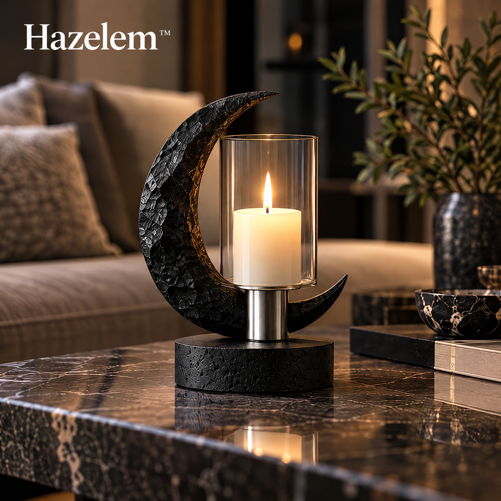 Hazelem™ Obsidian Eclipse – Sculptural Obsidian Stone Candle Holder with Glass Hurricane and Black Basalt Base