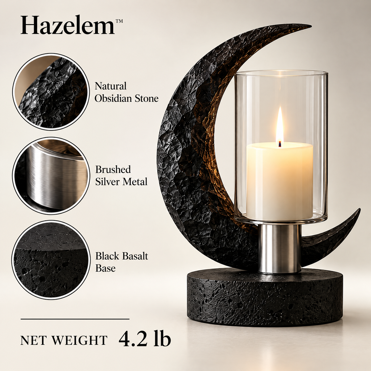 Hazelem™ Obsidian Eclipse – Sculptural Obsidian Stone Candle Holder with Glass Hurricane and Black Basalt Base